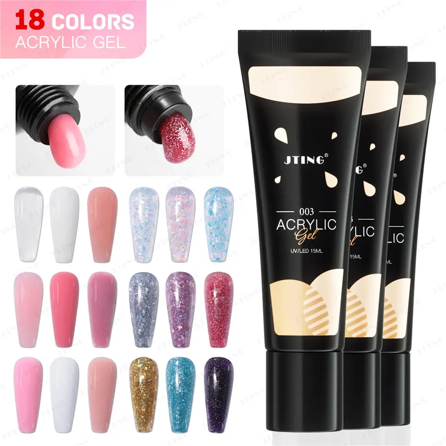 JTING Professional Easy Apply 18colors Acryl Gel Polish OEM ODM Soak off Glitter Colors Poly Gel Acrylic Nails Extension Set