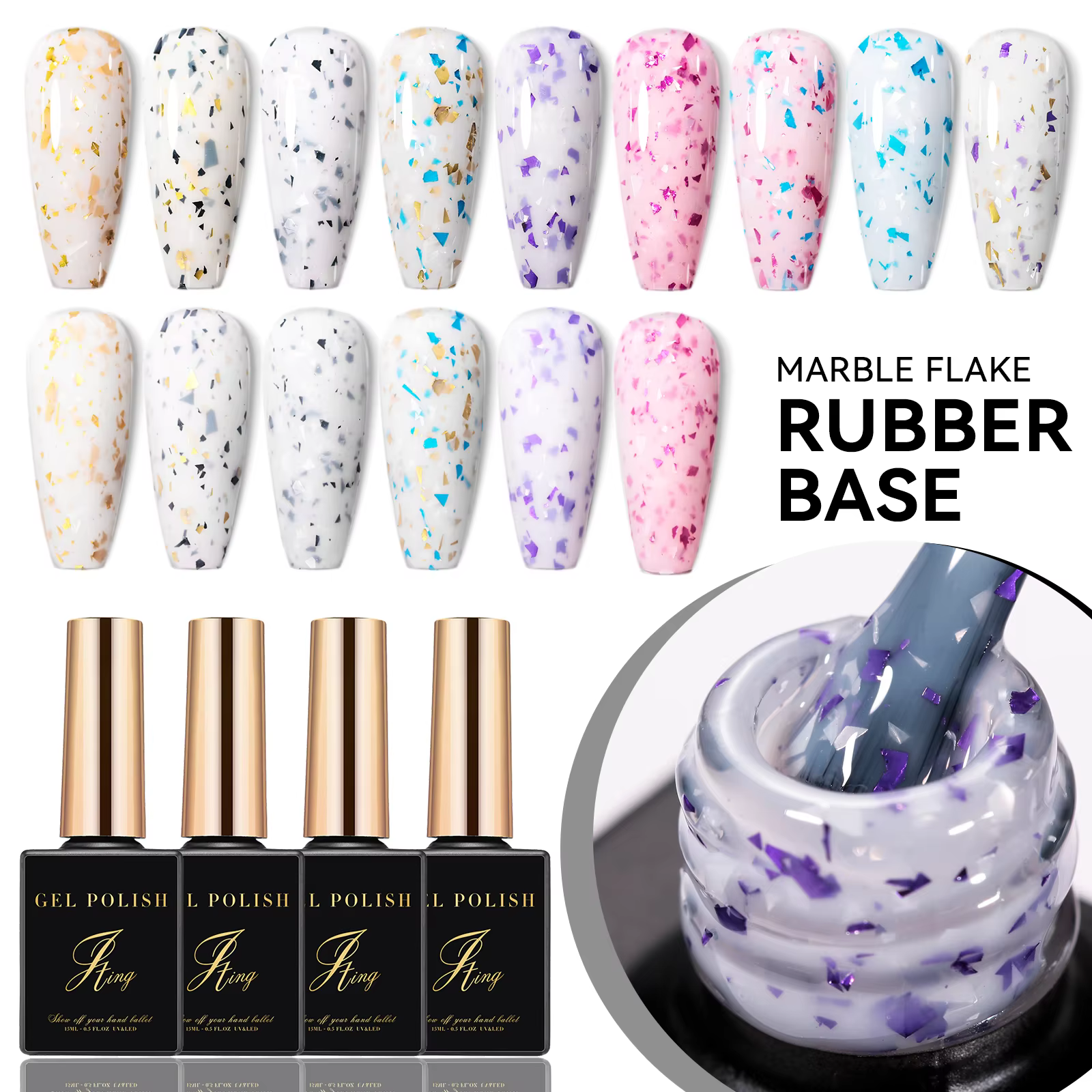 JTING Hot Popular 9colors Rubber Base Foil Flakes Set OEM Private Label Multicolor Marble Flake R...