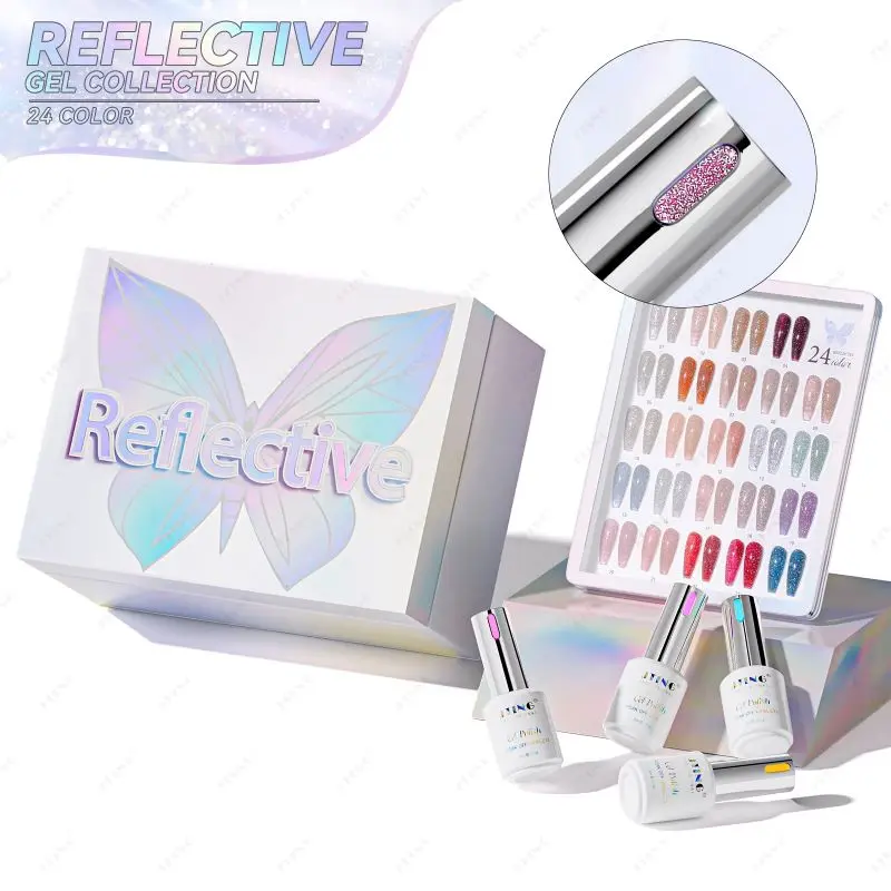 JTING Unique New bottles color caps 24color reflective disco gel collection set box Super shiny reflective disco gel nail polish